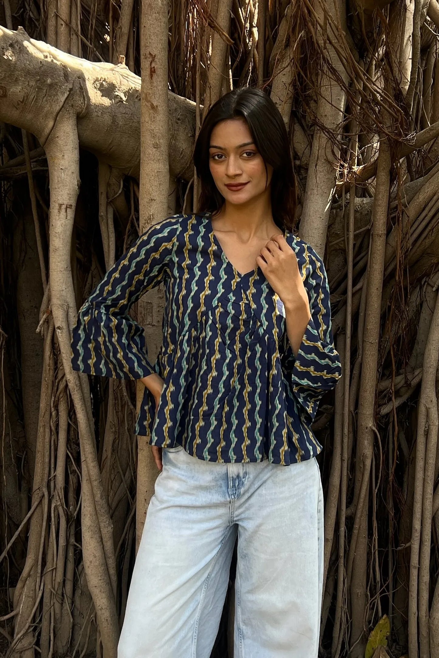 Navy Ikat Peplum Top