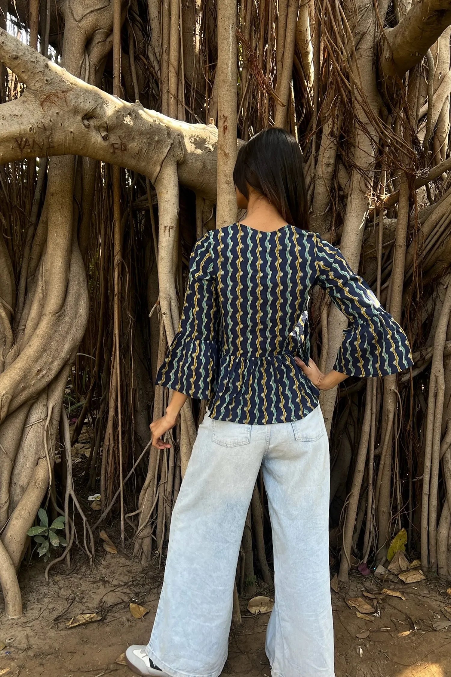 Navy Ikat Peplum Top