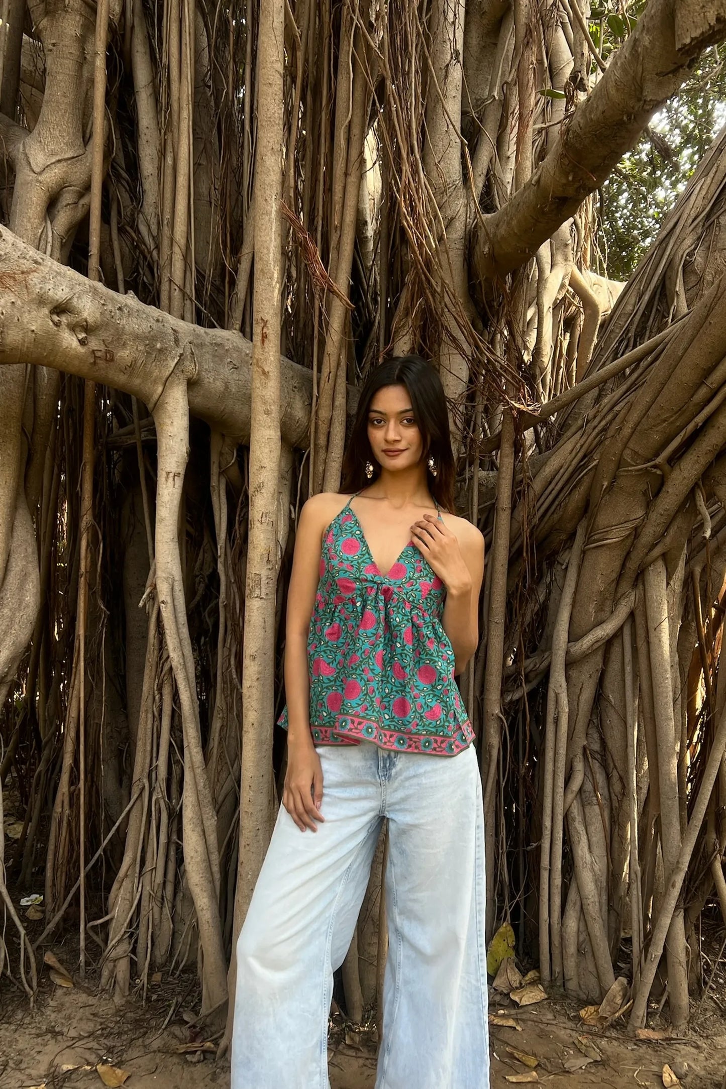 Green & Pink Floral Halter Neck Top