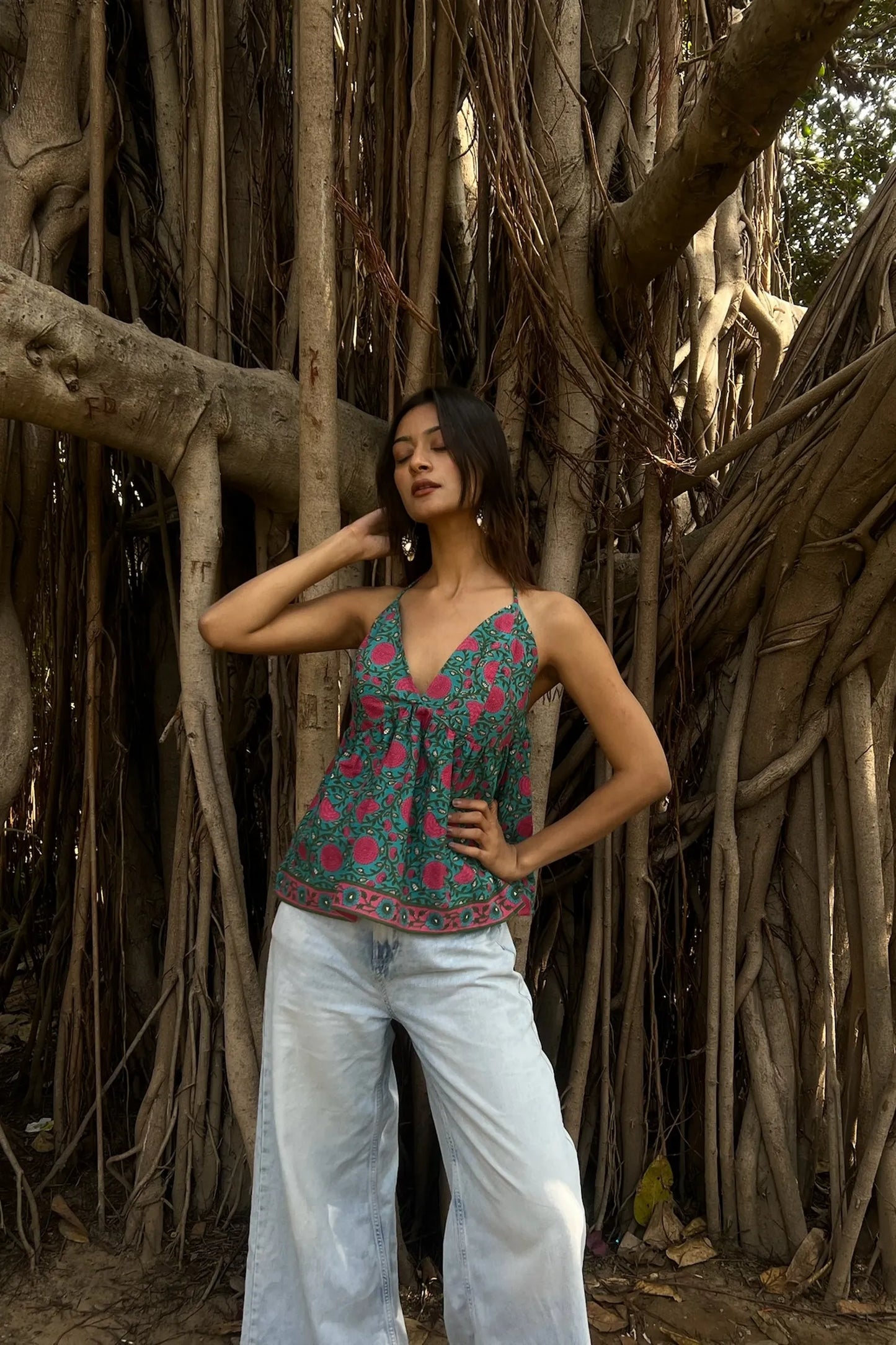 Green & Pink Floral Halter Neck Top
