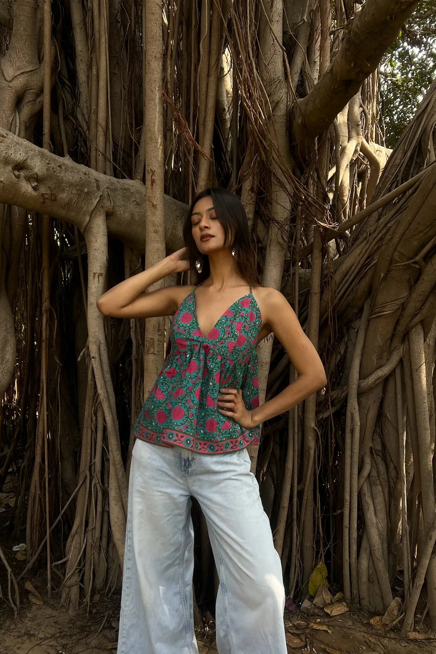 Green & Pink Floral Halter Neck Top