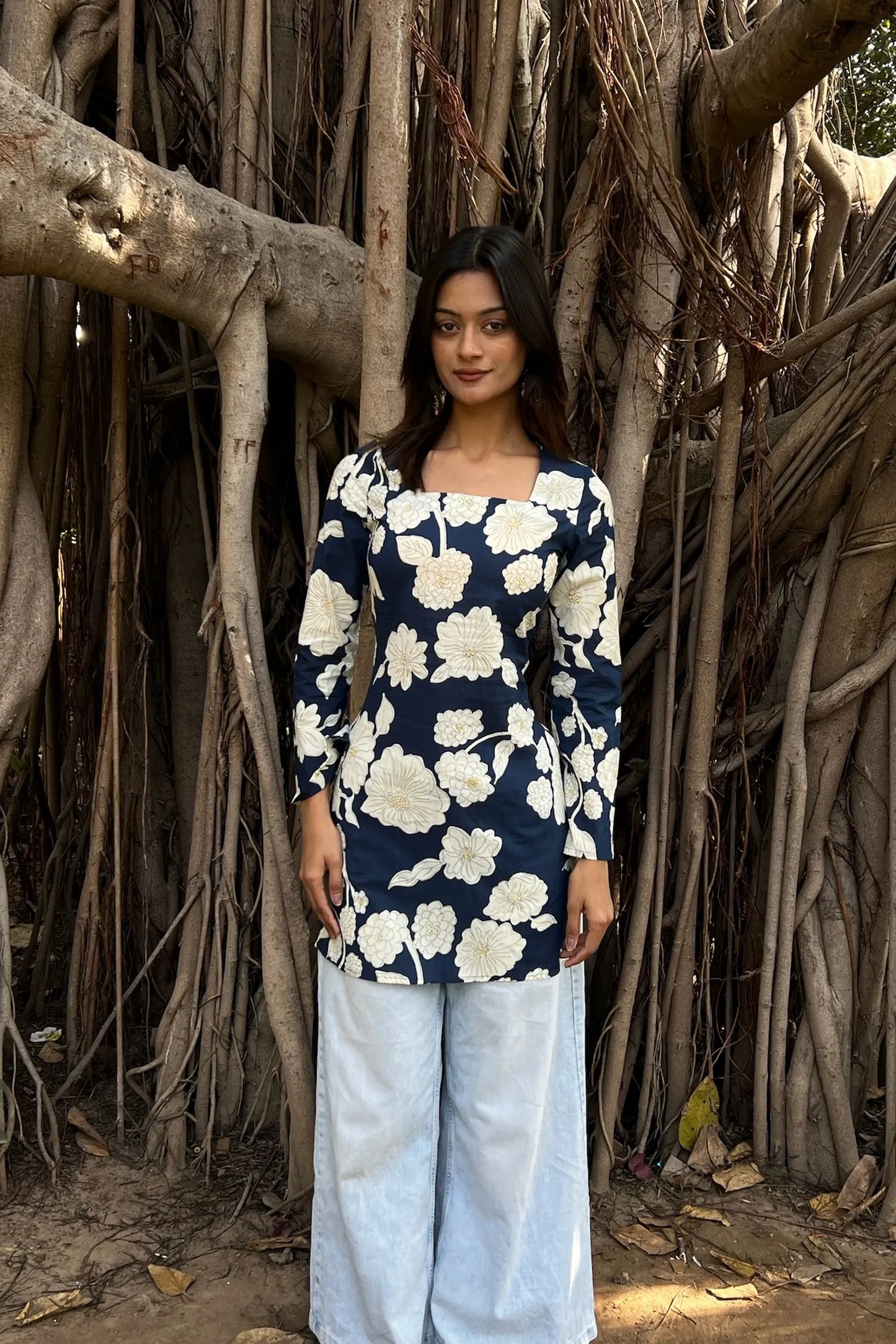 Navy Floral Long Sleeve Corset Kurti