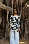 Navy Floral Long Sleeve Corset Kurti