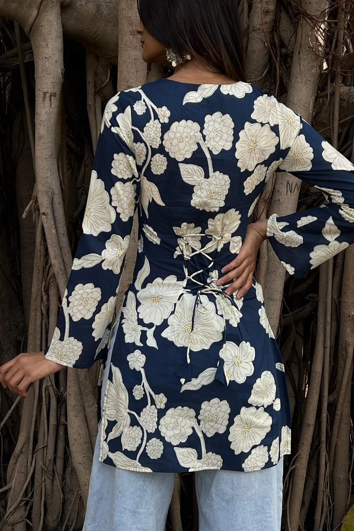Navy Floral Long Sleeve Corset Kurti