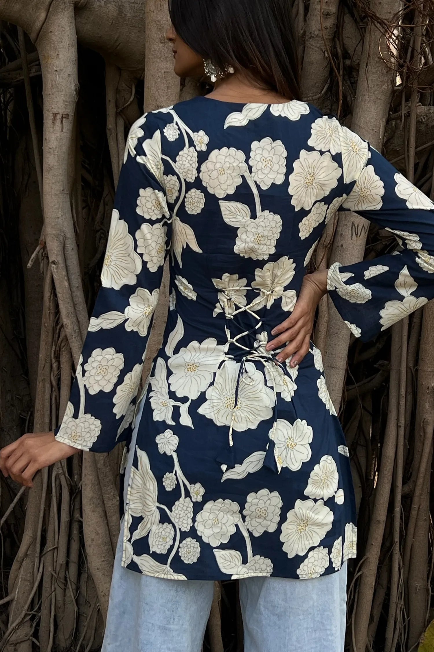 Navy Floral Long Sleeve Corset Kurti