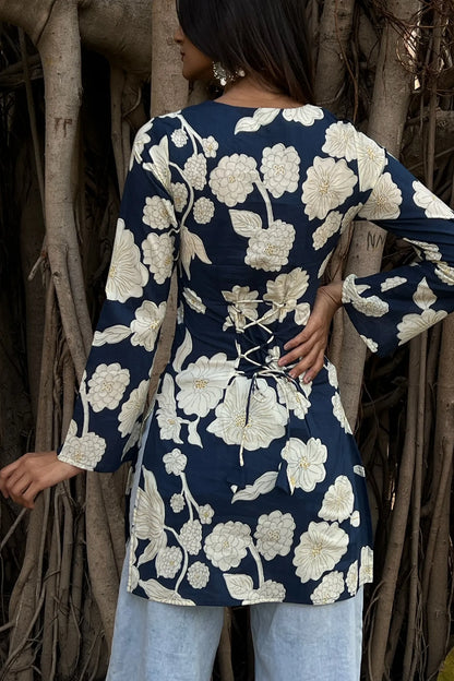Navy Floral Long Sleeve Corset Kurti