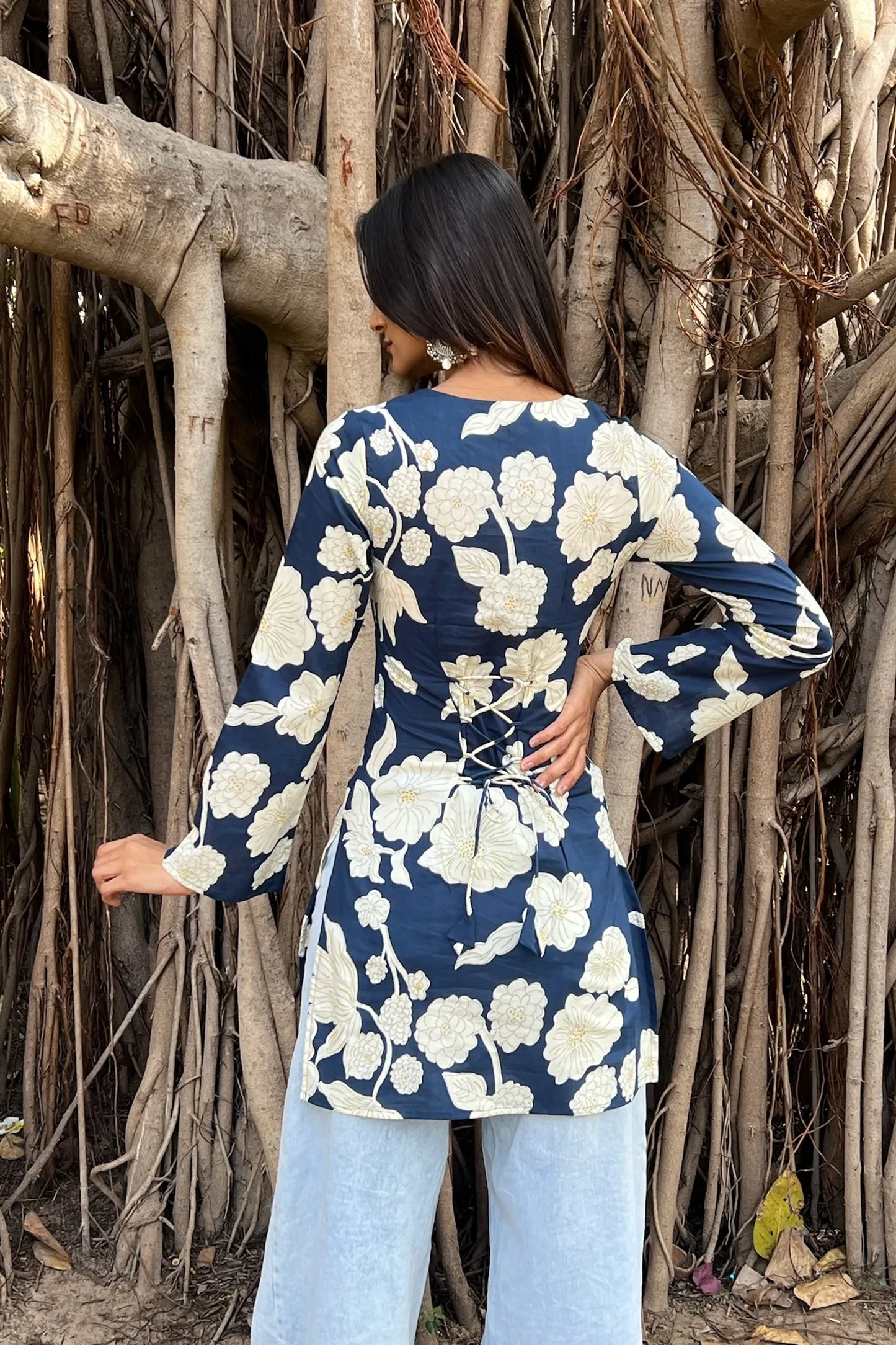 Navy Floral Long Sleeve Corset Kurti