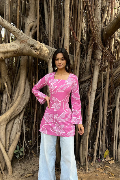 Pink Bandhani Long Sleeve Corset Kurti