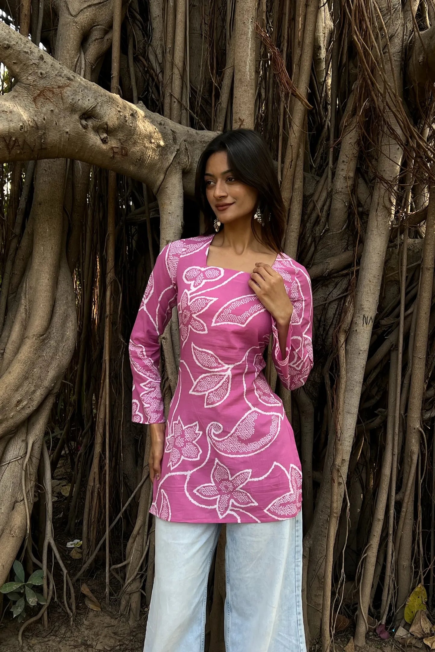 Pink Bandhani Long Sleeve Corset Kurti