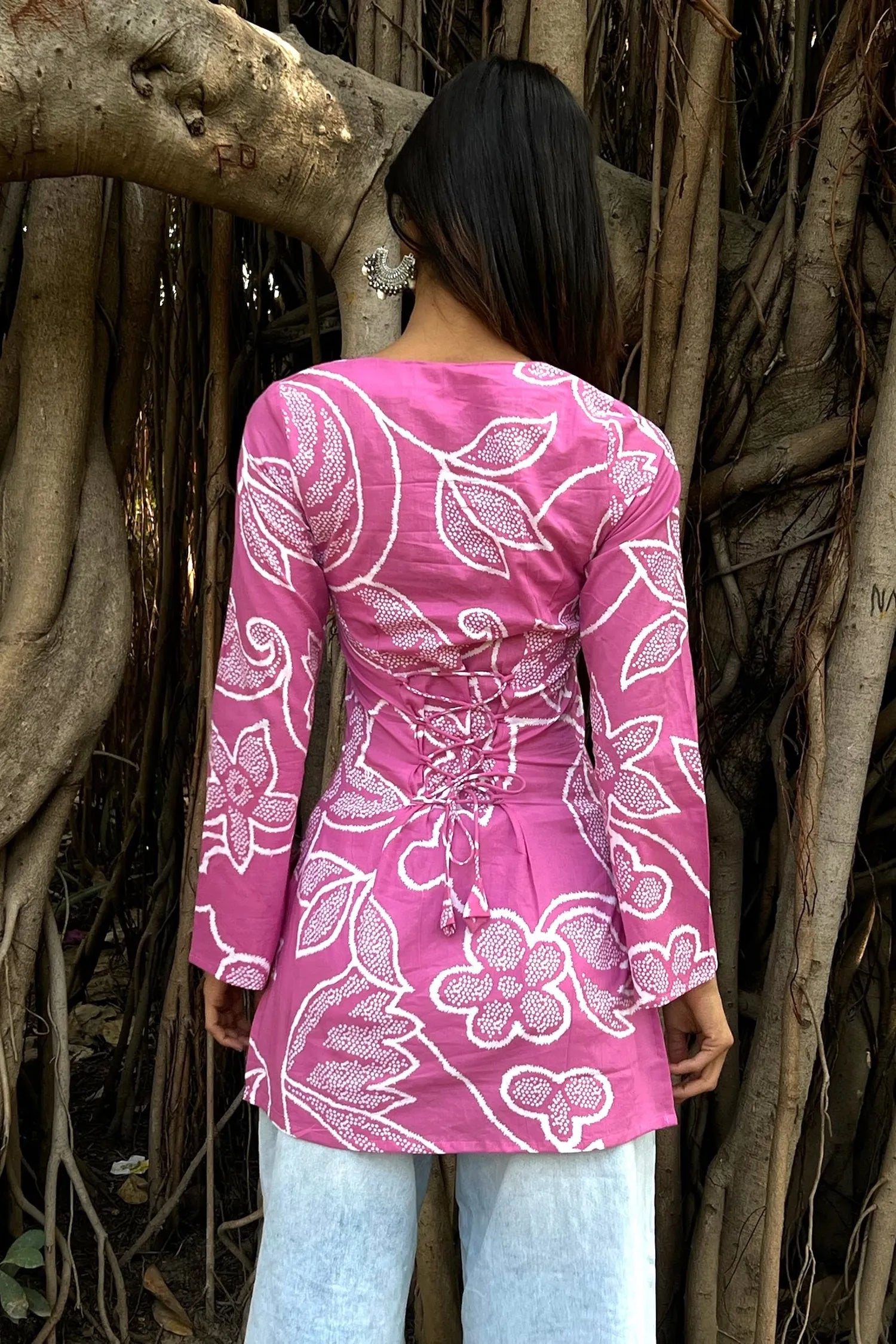 Pink Bandhani Long Sleeve Corset Kurti
