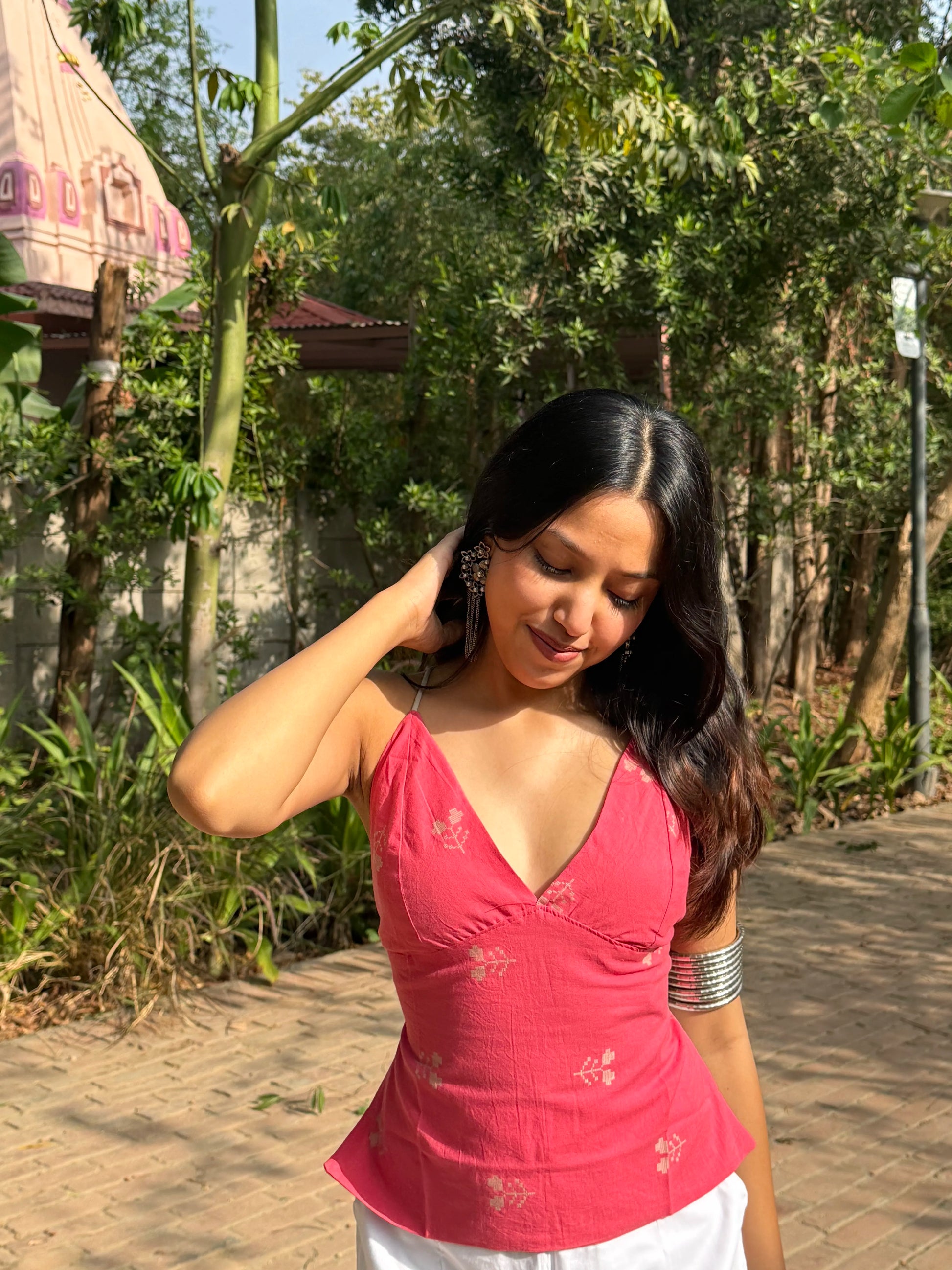 Coral Pink Ikat Tie Back Top