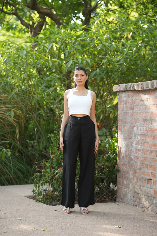 Black High Waist Airy Linen Wide Leg Pants