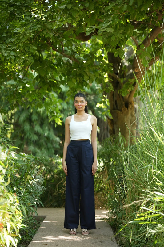 Navy Blue Handloom Cotton Wide Leg Pants