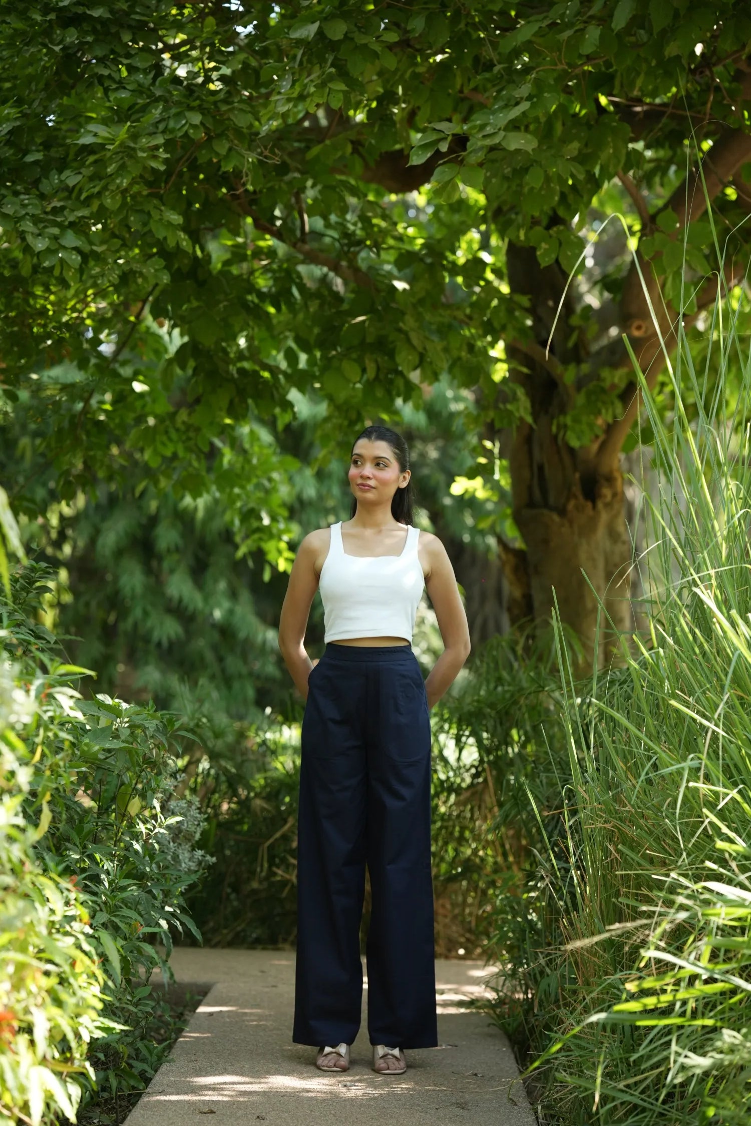 Navy Blue Handloom Cotton Wide Leg Pants