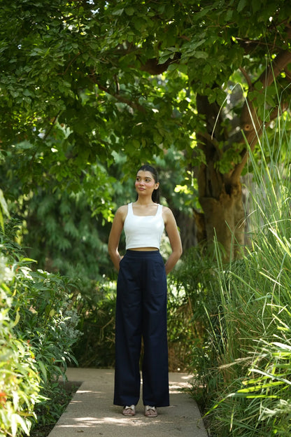 Navy Blue Handloom Cotton Wide Leg Pants