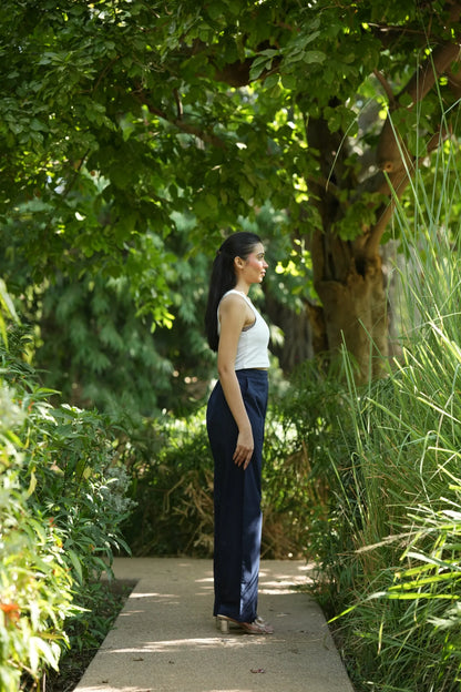 Navy Blue Handloom Cotton Wide Leg Pants