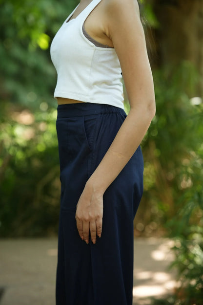 Navy Blue Handloom Cotton Wide Leg Pants