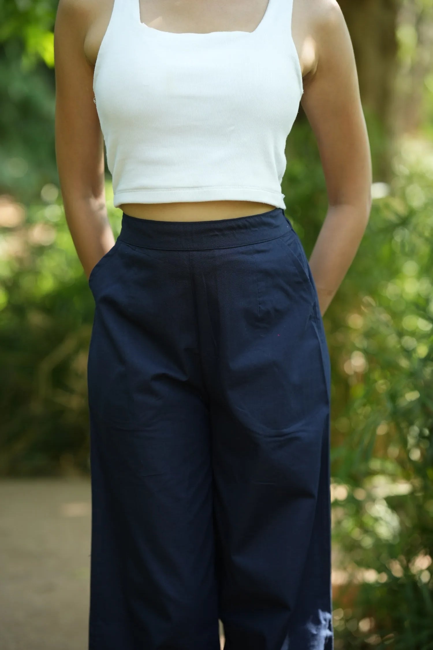 Navy Blue Handloom Cotton Wide Leg Pants
