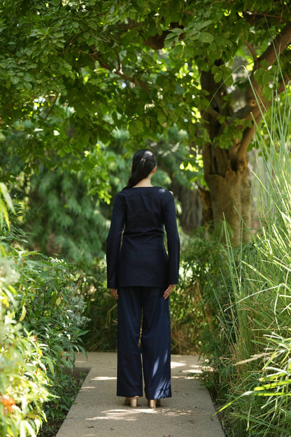 Navy Blue Solid V-Neck Kurti with Cotton Pants