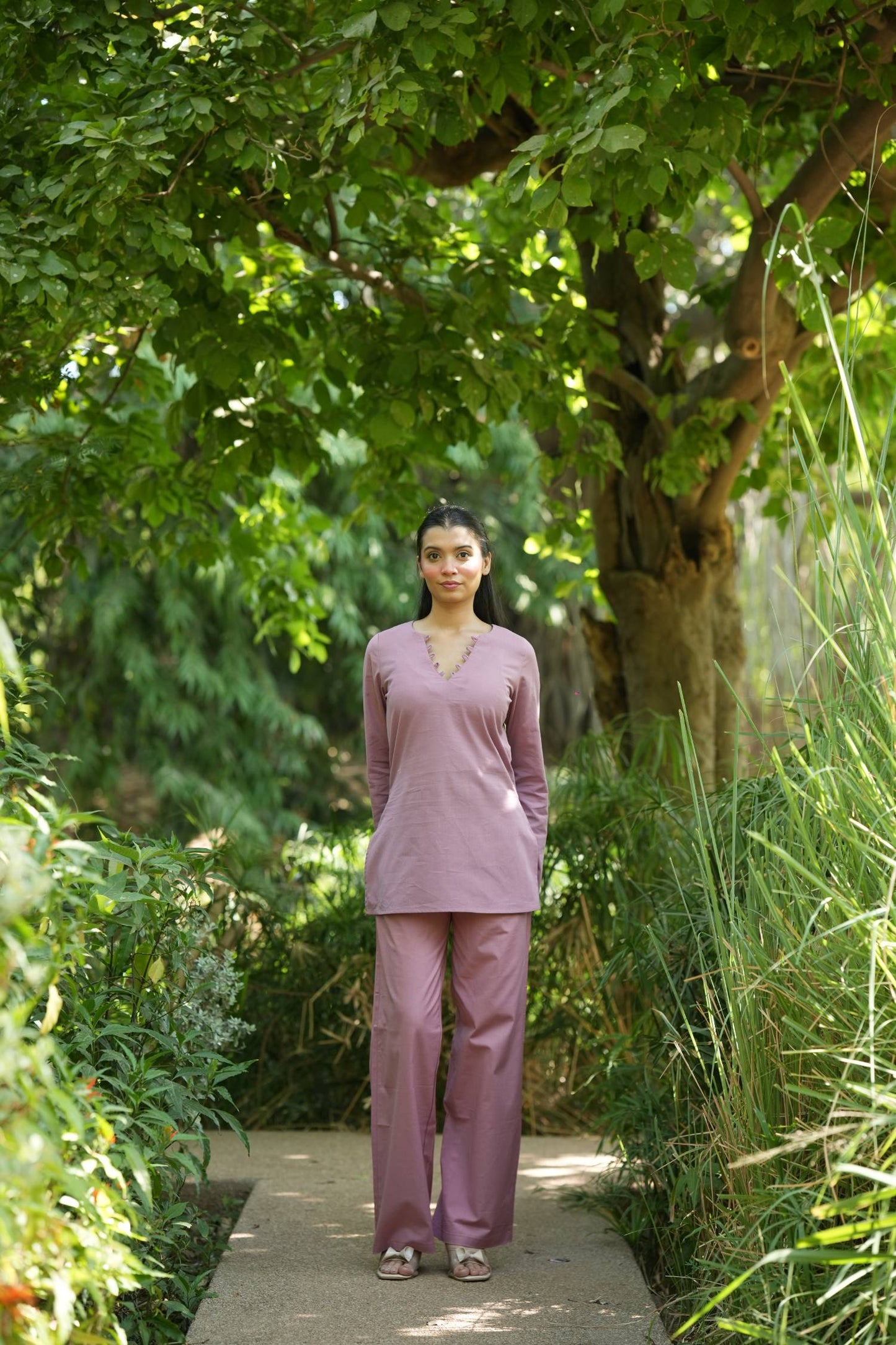 Pink Solid V-Neck Kurti with Cotton Pants