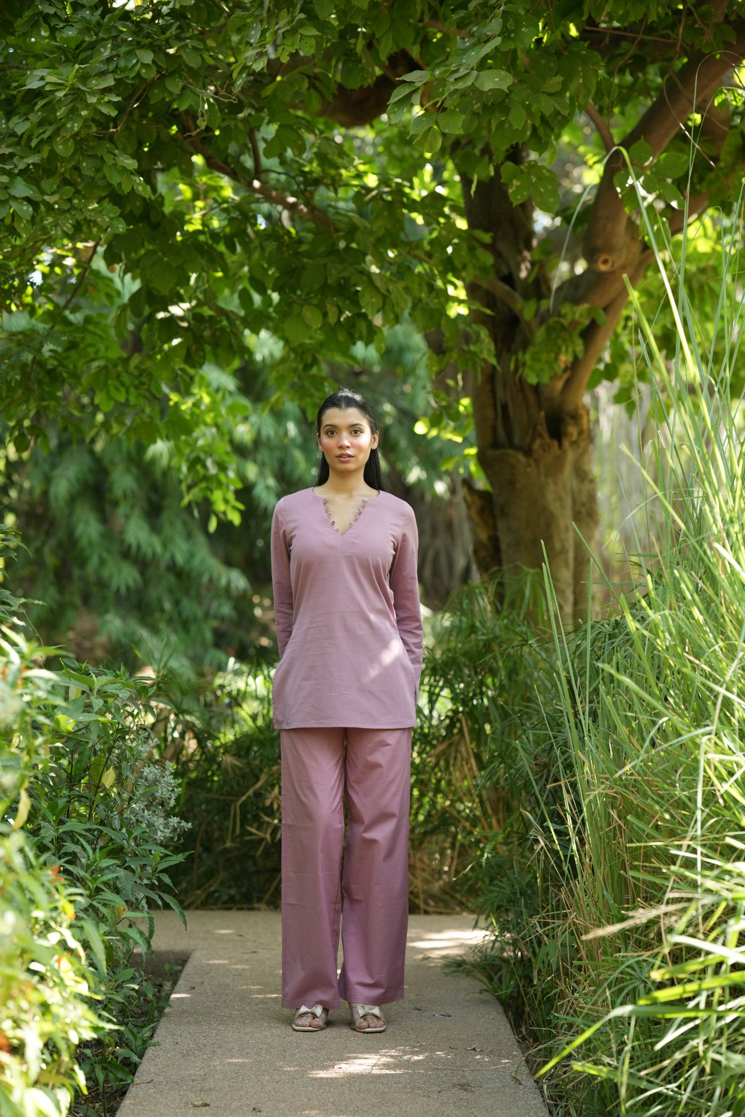Pink Solid V-Neck Kurti with Cotton Pants