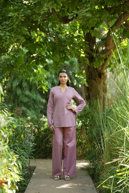Pink Solid V-Neck Kurti with Cotton Pants