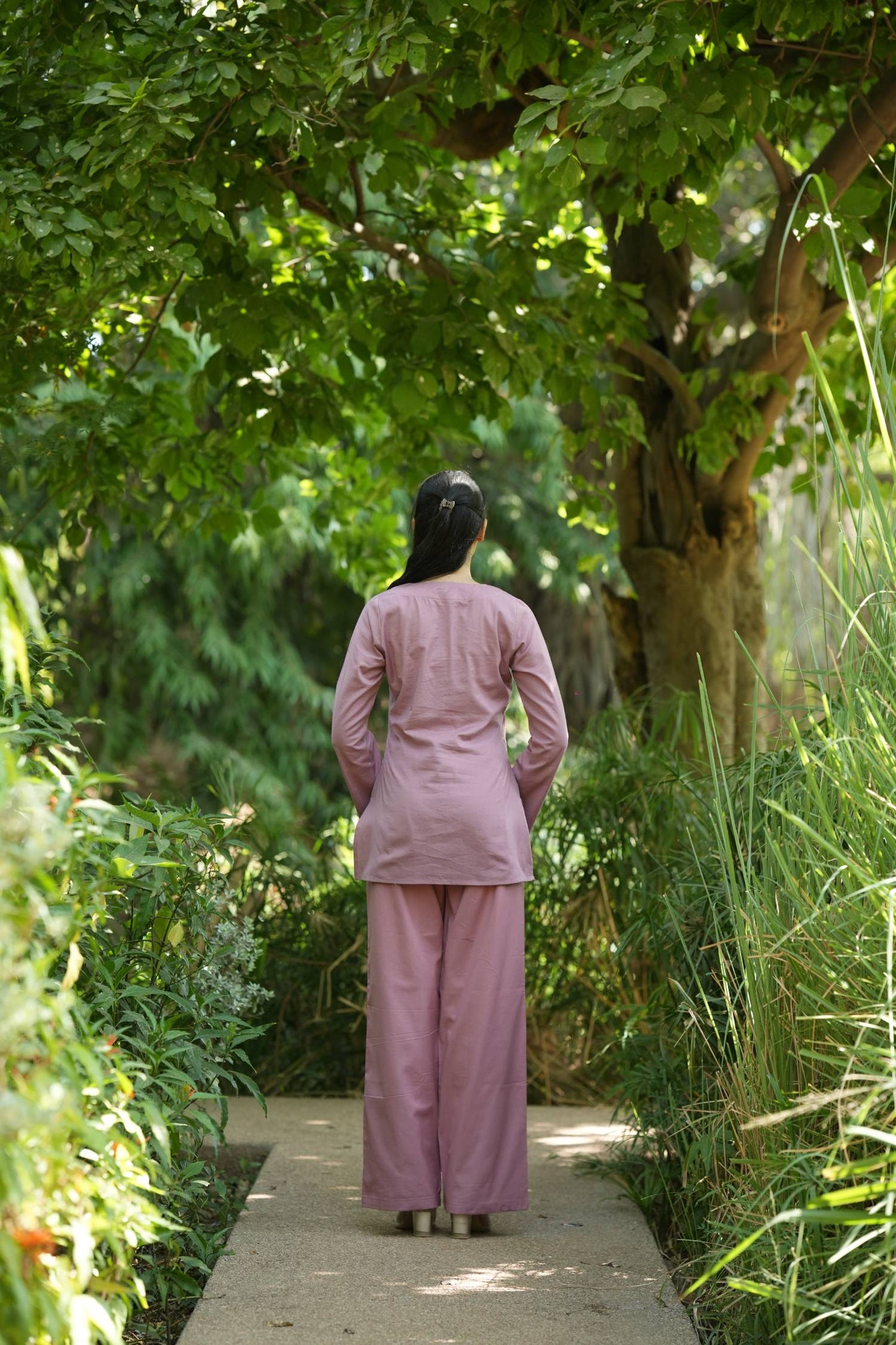 Pink Solid V-Neck Kurti with Cotton Pants