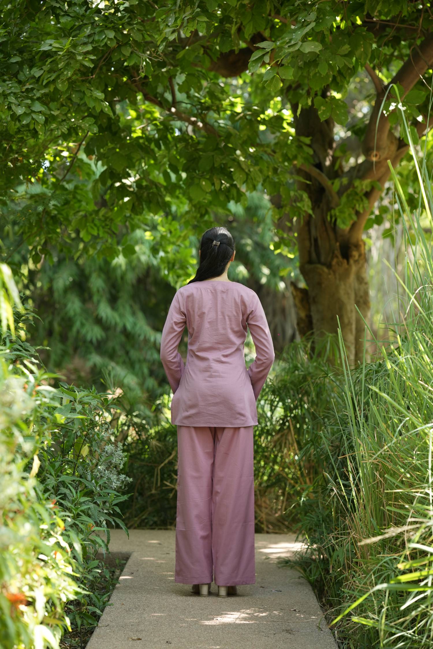 Pink Solid V-Neck Kurti with Cotton Pants