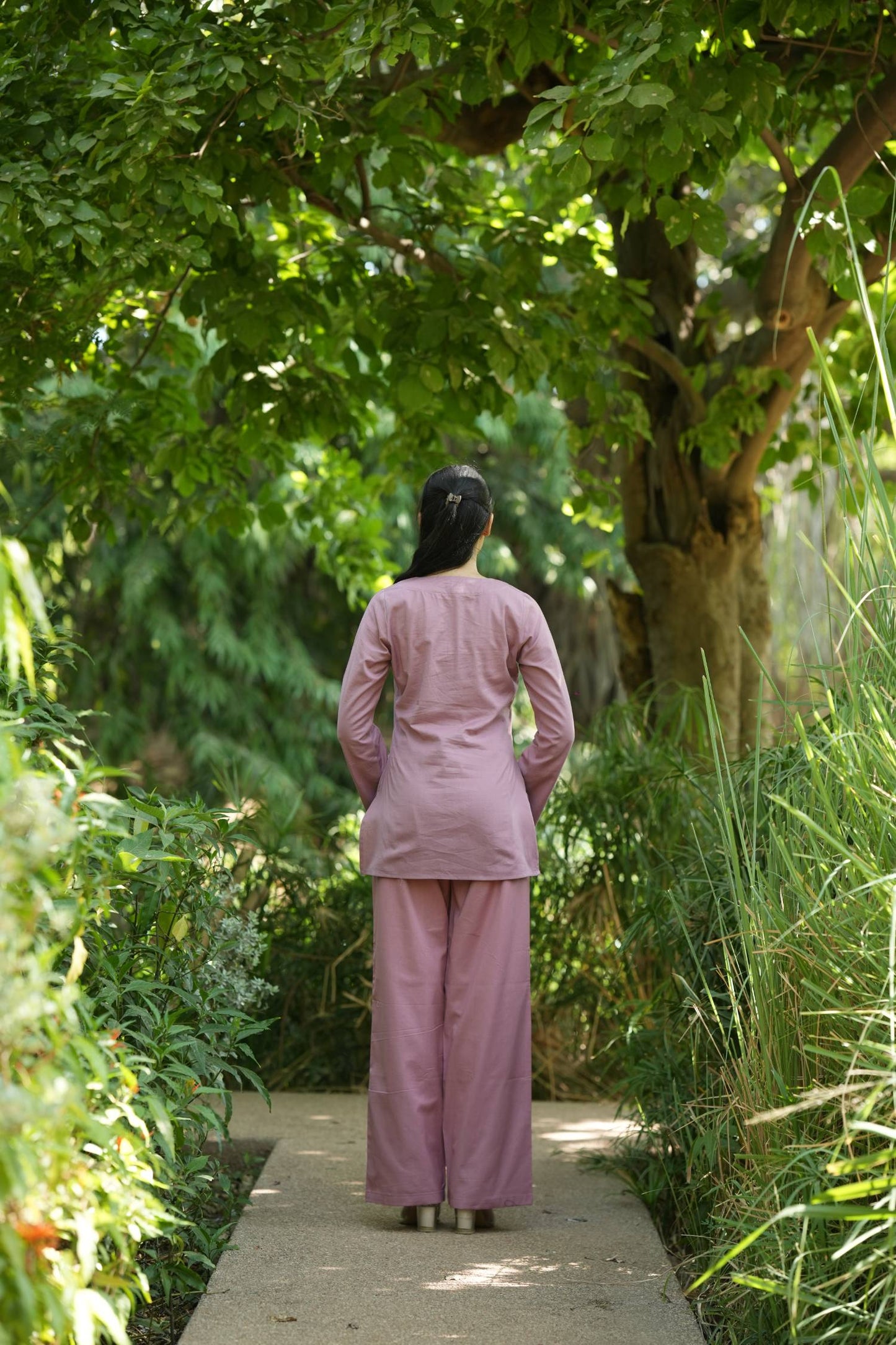 Pink Solid V-Neck Kurti with Cotton Pants