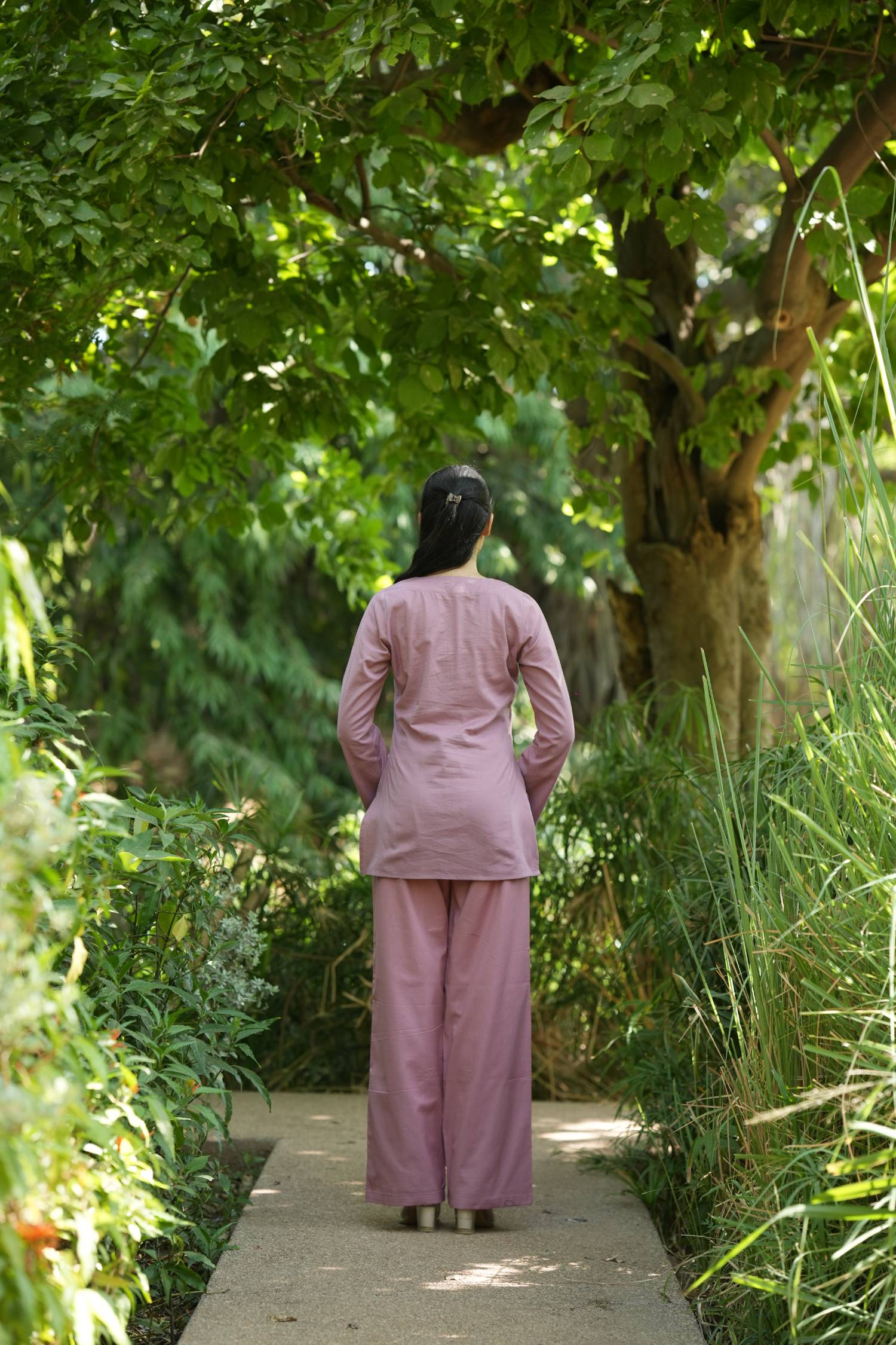 Pink Solid V-Neck Kurti with Cotton Pants