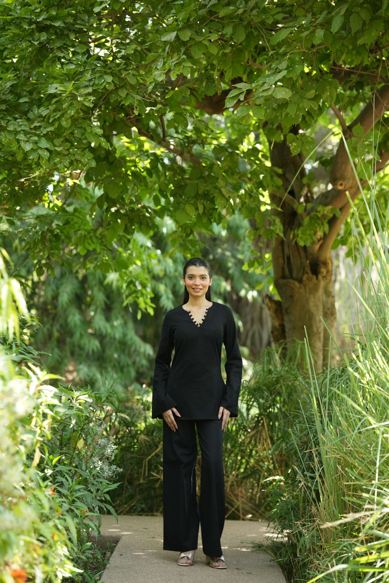 Black Solid V-Neck Kurti with Cotton Pants
