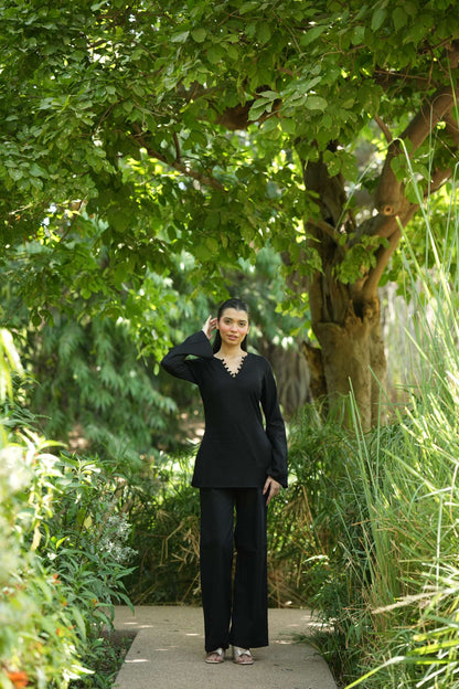 Black Solid V-Neck Kurti with Cotton Pants