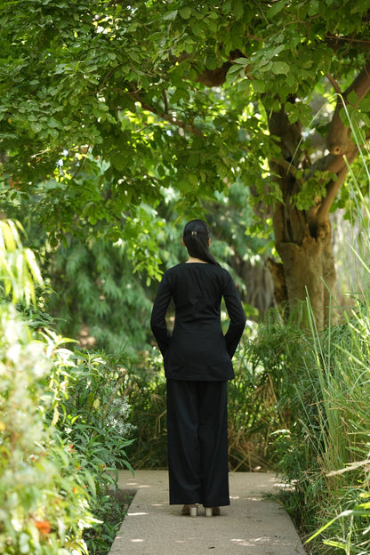 Black Solid V-Neck Kurti with Cotton Pants