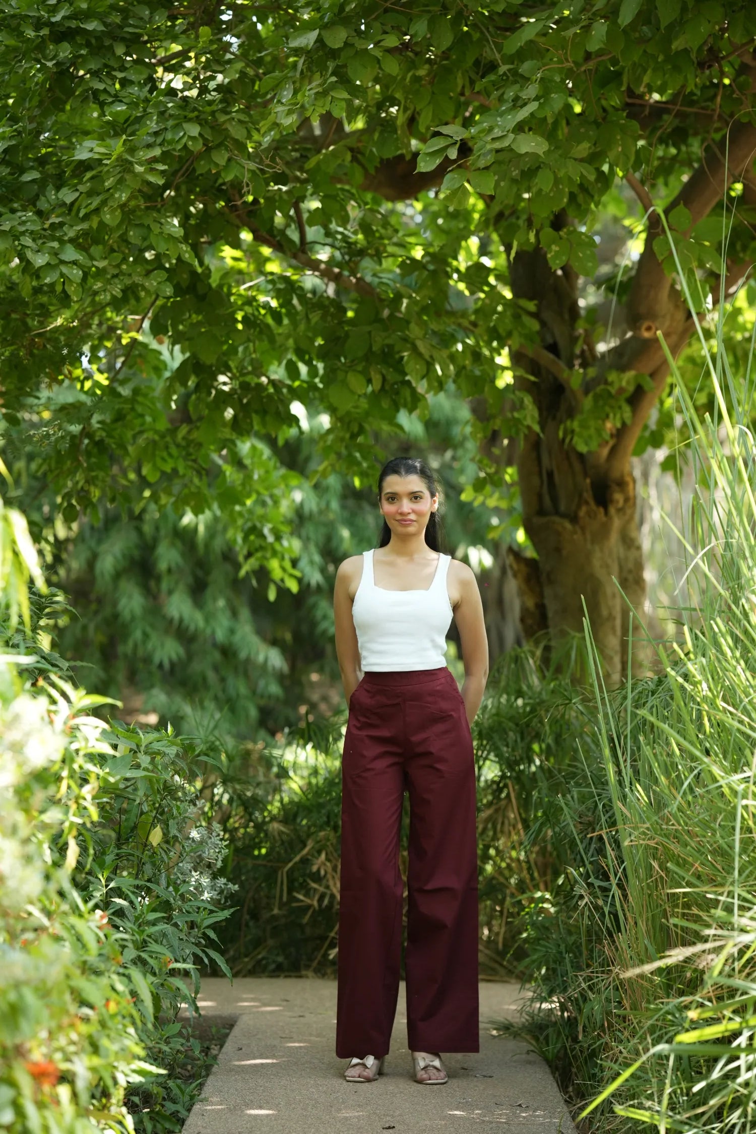 Maroon Handloom Cotton Wide Leg Pants