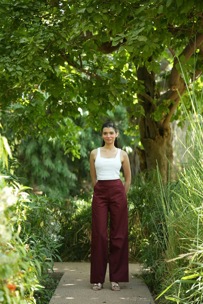 Maroon Handloom Cotton Wide Leg Pants