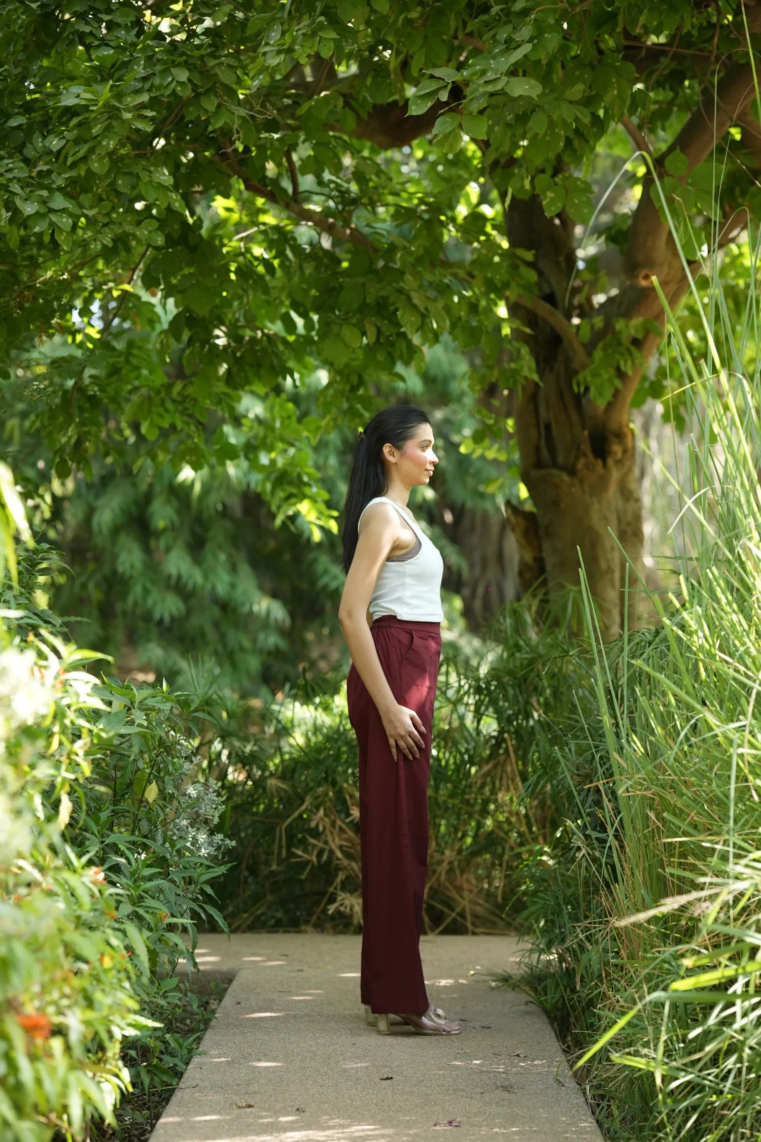 Maroon Handloom Cotton Wide Leg Pants