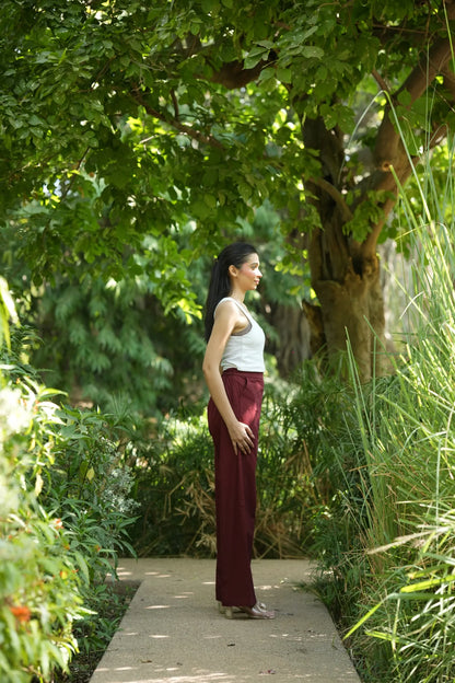 Maroon Handloom Cotton Wide Leg Pants