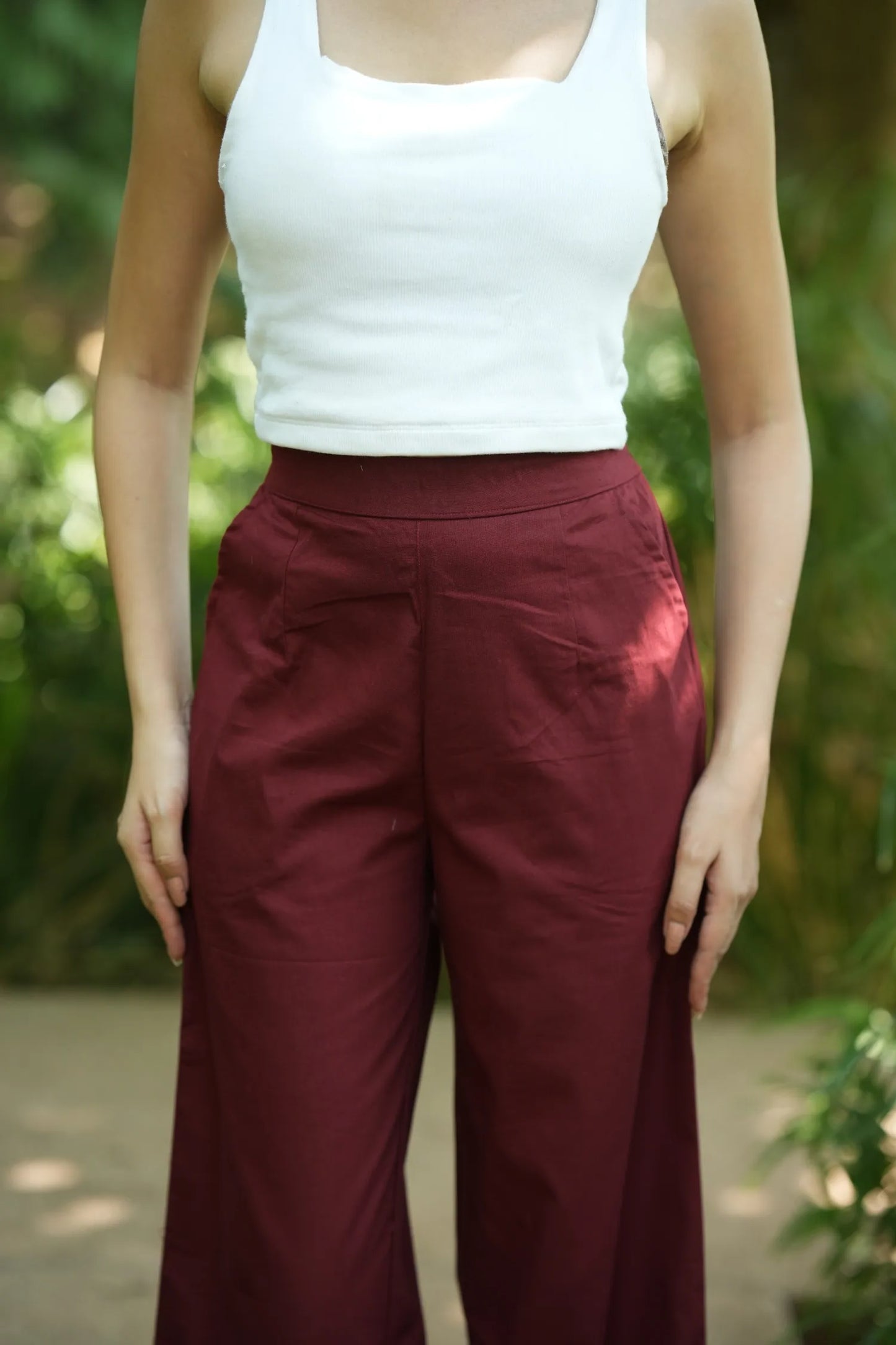Maroon Handloom Cotton Wide Leg Pants