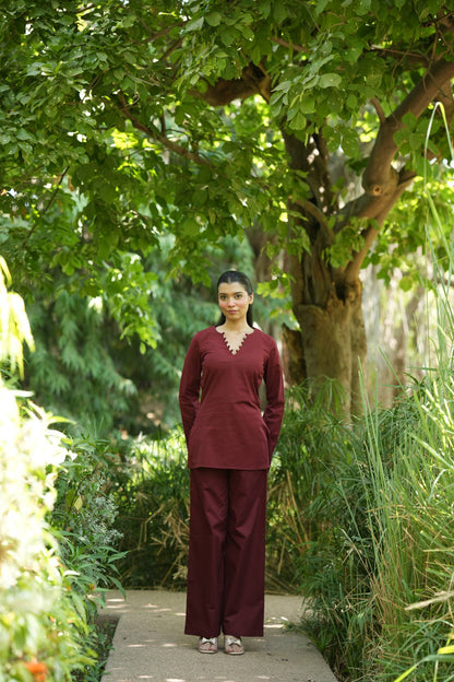 Maroon Solid V-Neck Kurti with Cotton Pants
