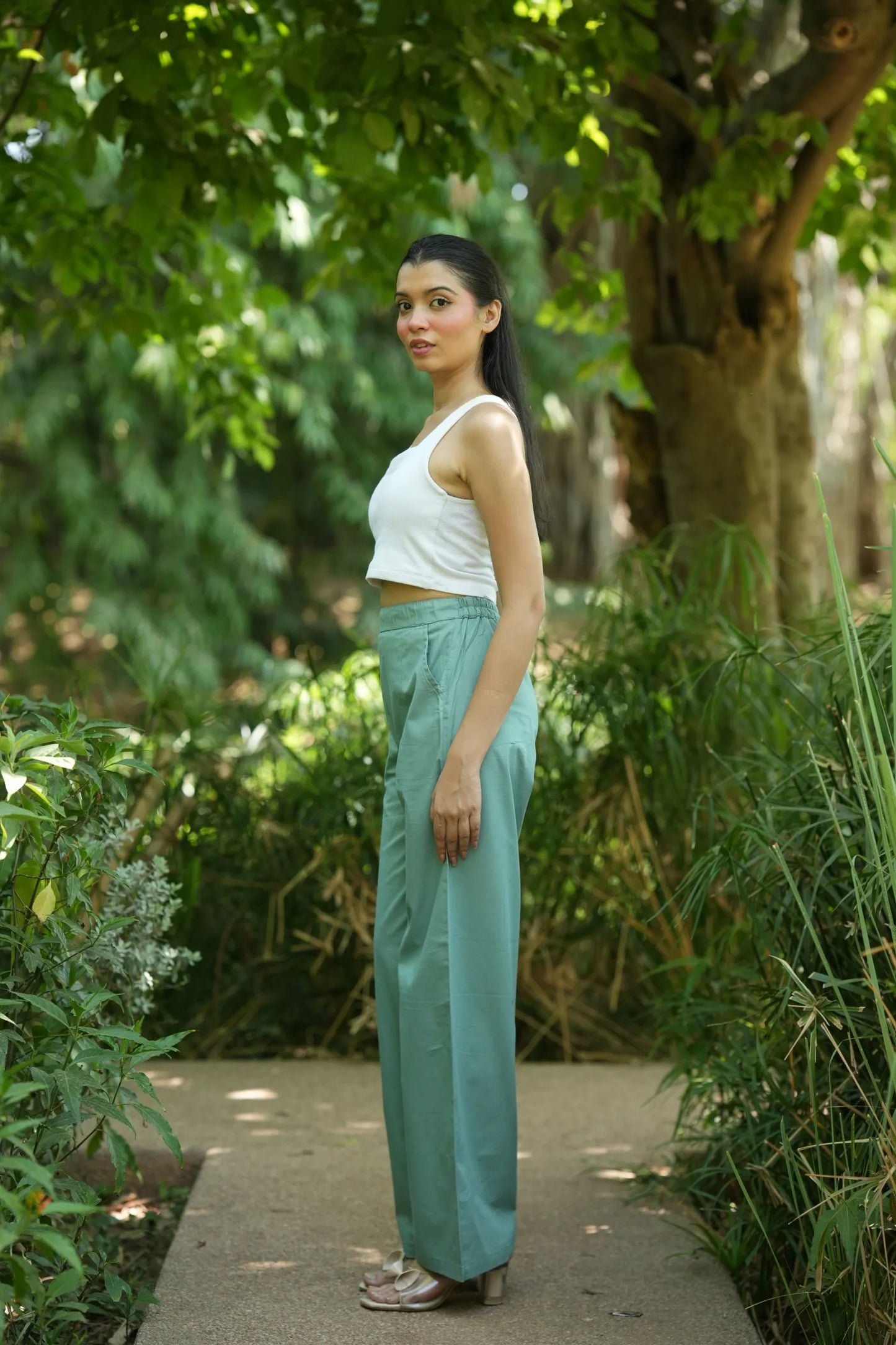 Pista Green Handloom Cotton Wide Leg Pants