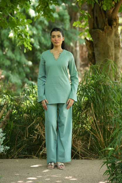 Green Solid V-Neck Kurti with Cotton Pants