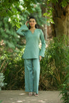 Green Solid V-Neck Kurti with Cotton Pants