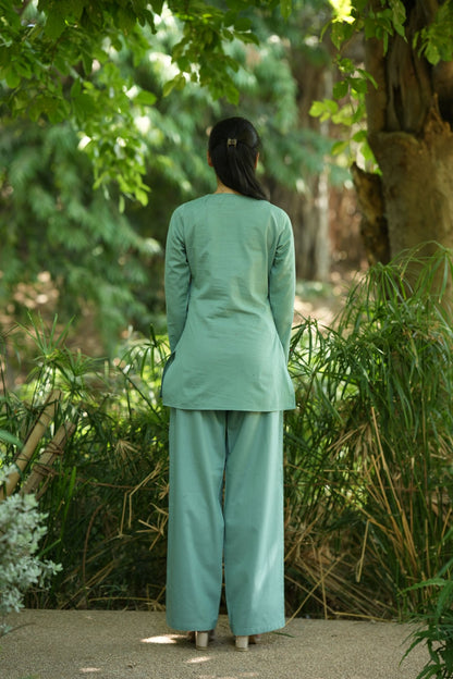 Green Solid V-Neck Kurti with Cotton Pants