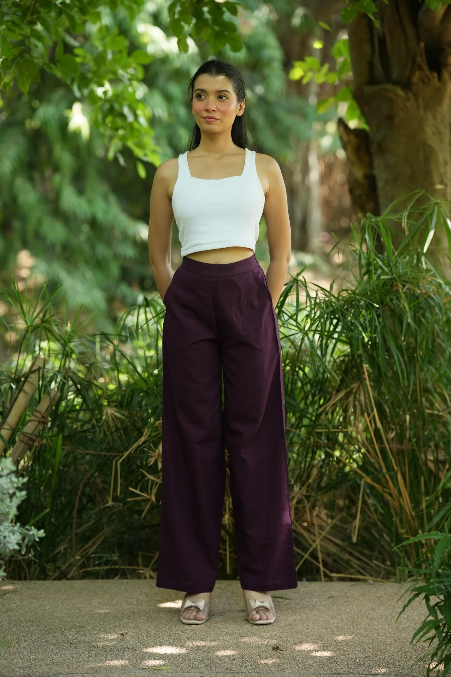 Wine Handloom Cotton Wide Leg Pants