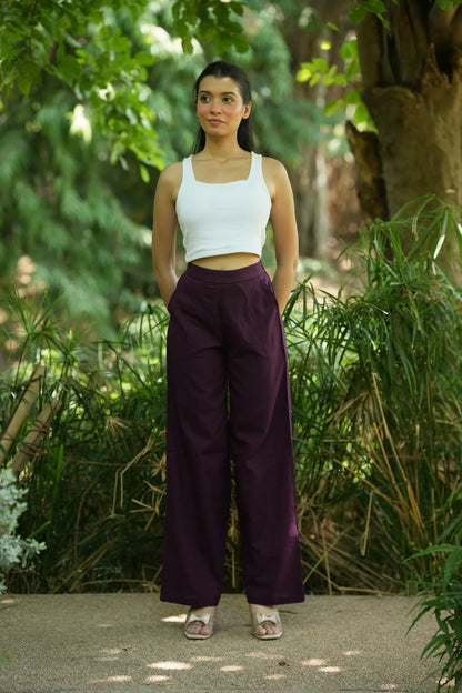 Wine Handloom Cotton Wide Leg Pants