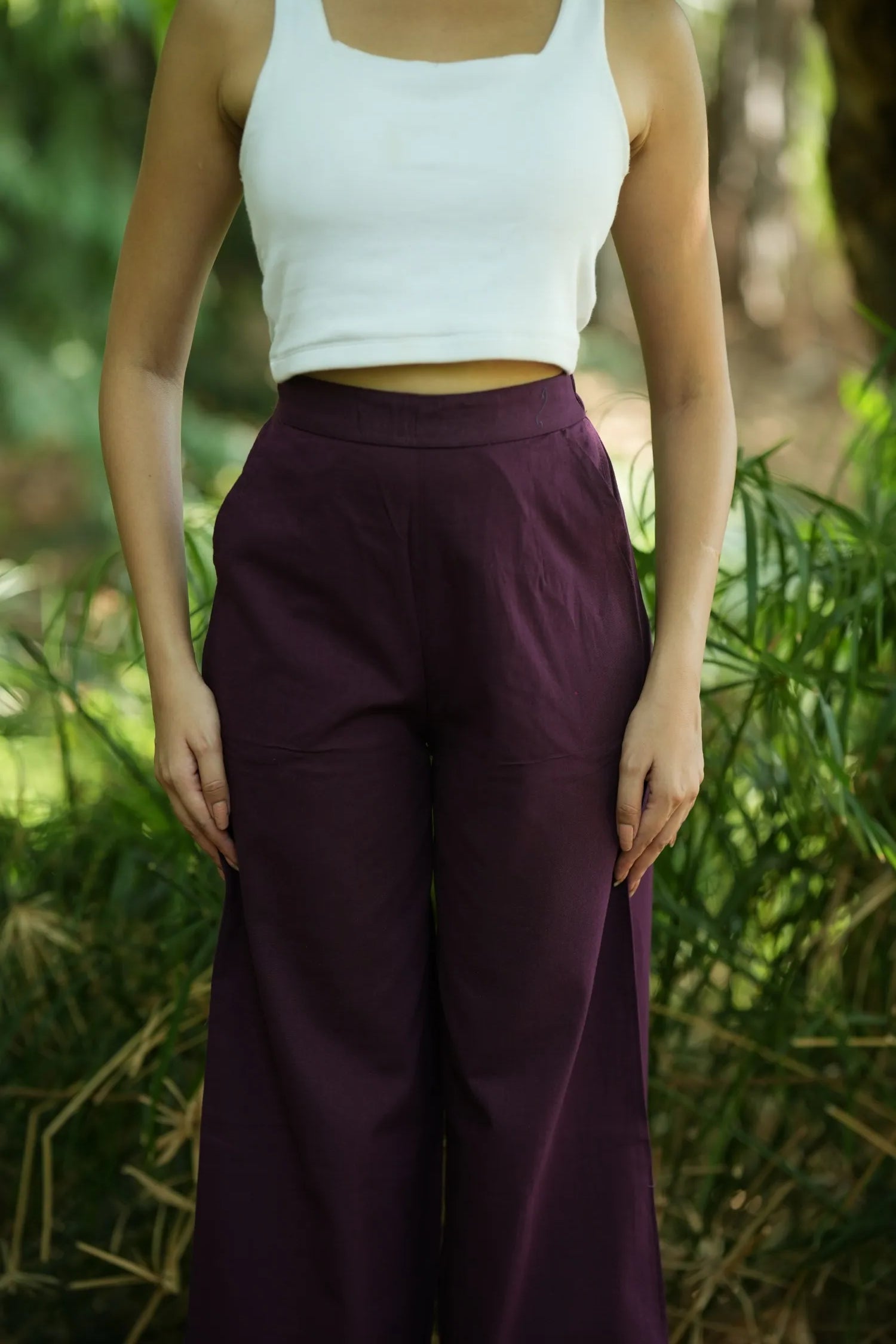 Wine Handloom Cotton Wide Leg Pants