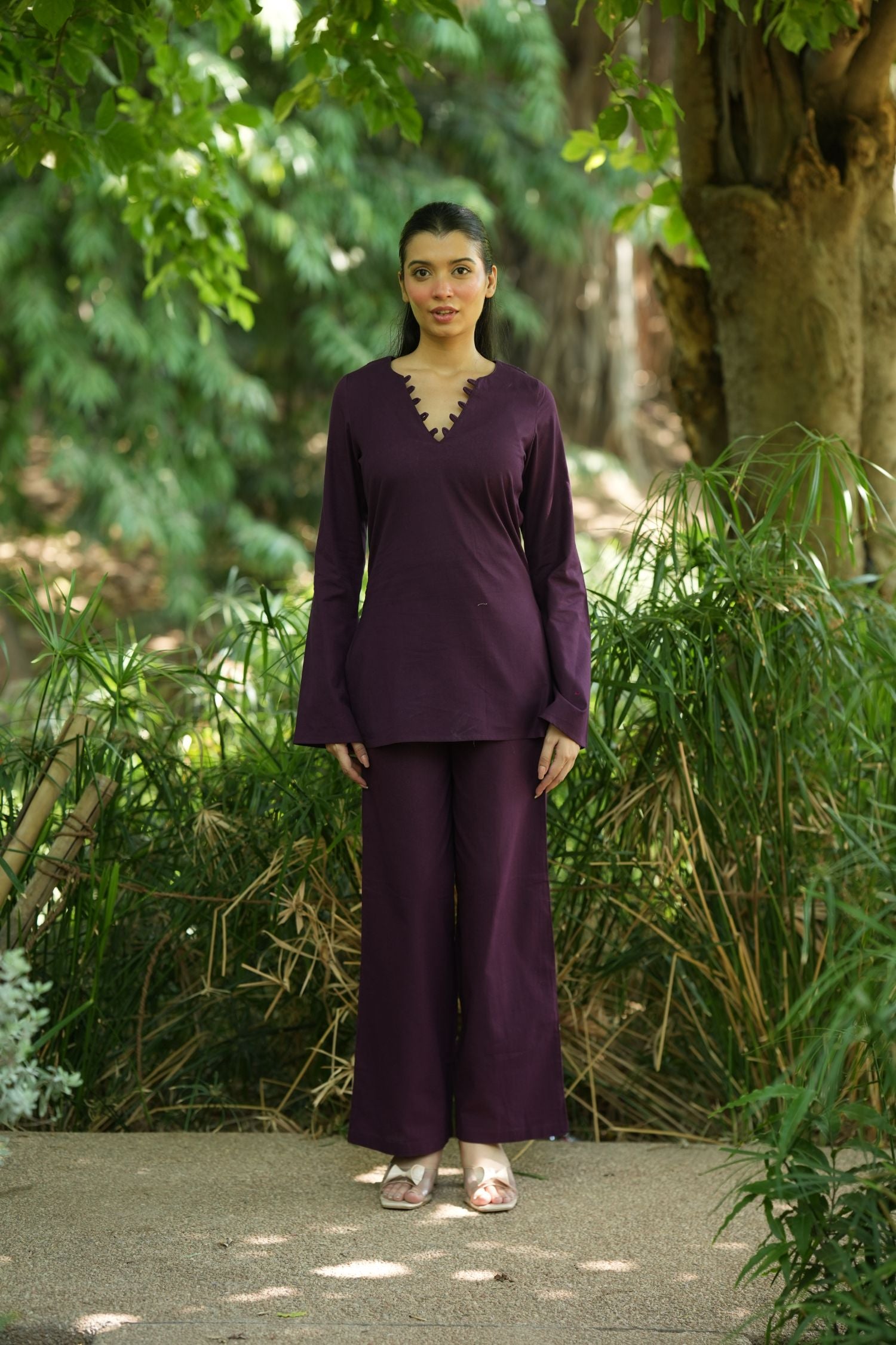 Wine Solid V-Neck Kurti with Cotton Pants