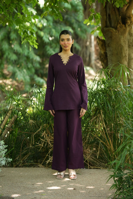 Wine Solid V-Neck Kurti with Cotton Pants