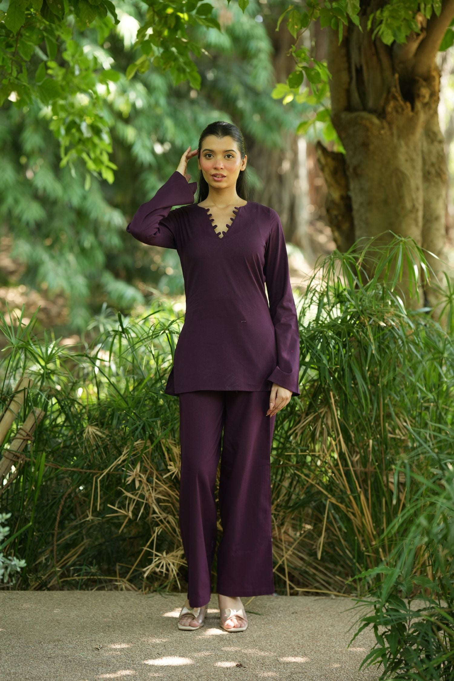Wine Solid V-Neck Kurti with Cotton Pants