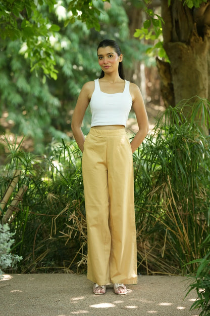 Beige Handloom Cotton Wide Leg Pants